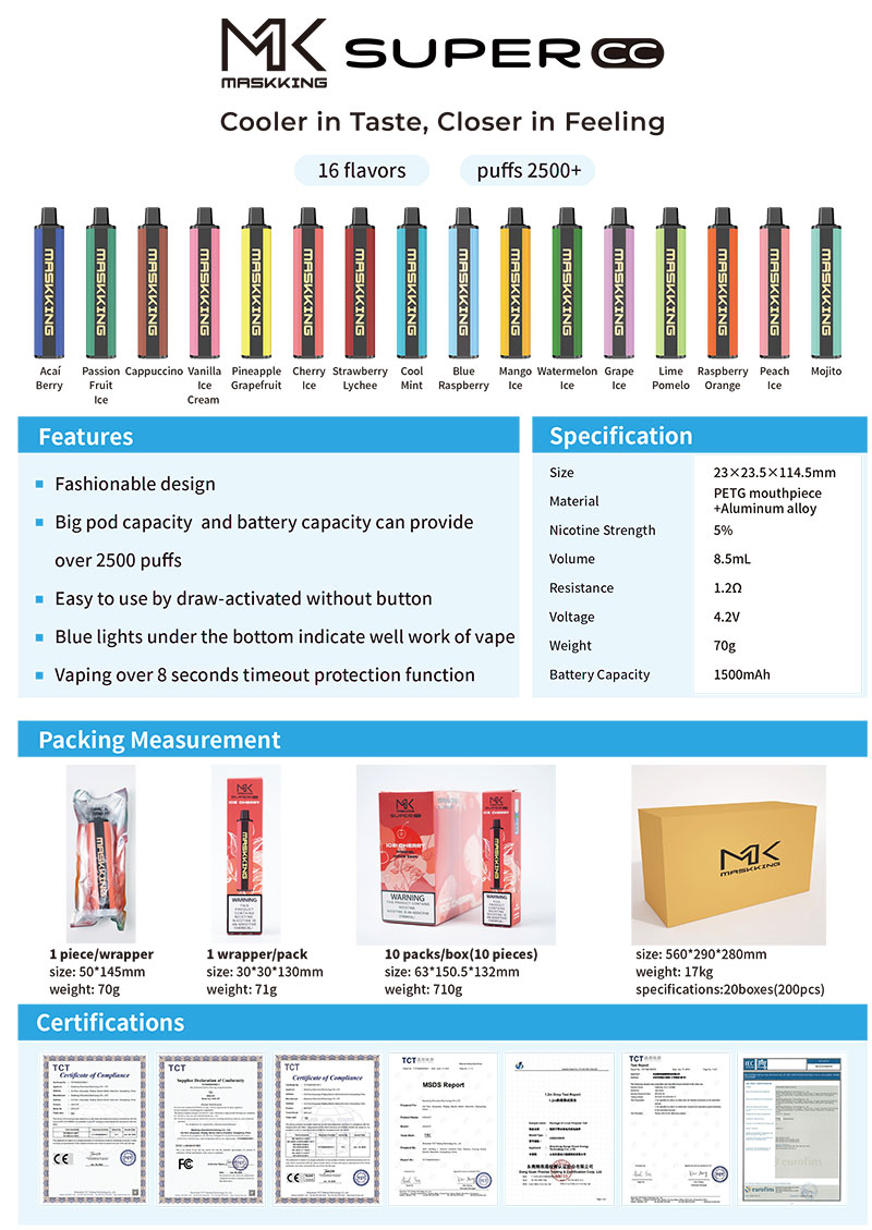 maskking 2500 puffs 16 flavors list