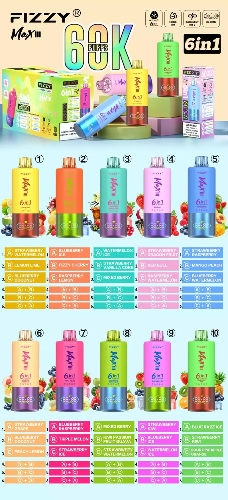 fizzy 60k puffs 6 in 1 disposable vape 10 flavor list