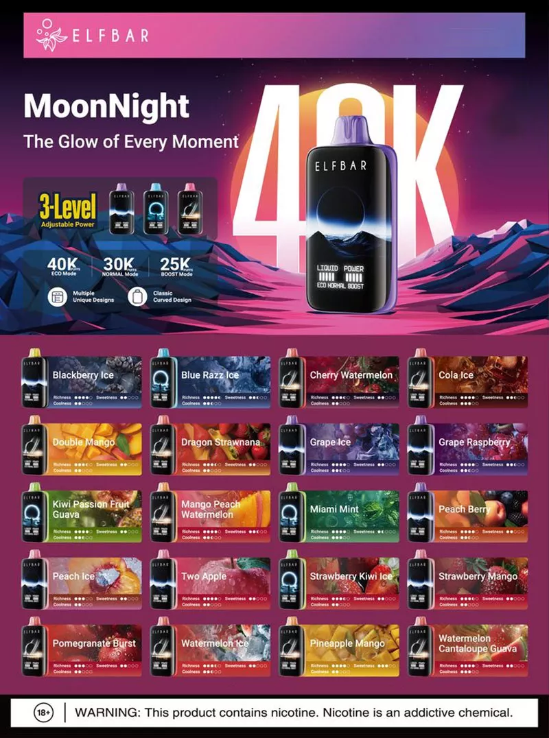 ELFBAR Moonnight 40k puffs ELF BAR Moonlight 40000 Moonknignt flavor list