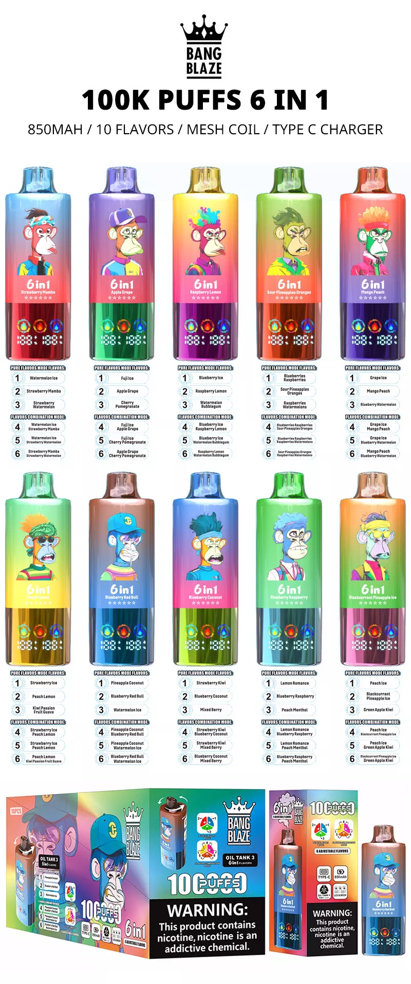 bang blaze 100k puffs 6 in 1 vape 14 flavor list