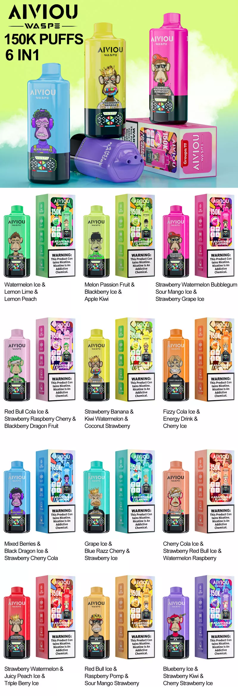 aiviou waspe 150k puffs 6 in 1 vape 12 flavors list