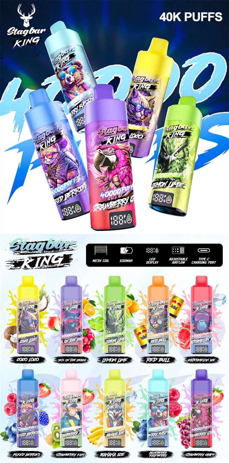 stag bar 40000 puffs 10 flavors list EU warehouse