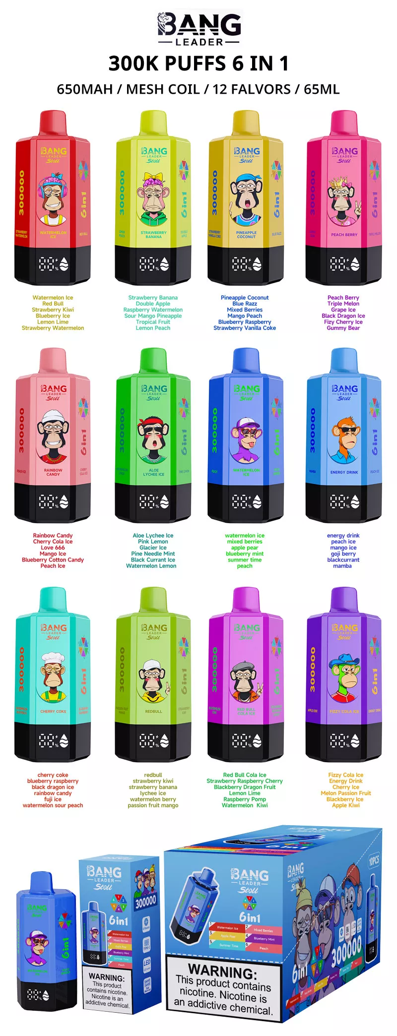 bang leader 300k puffs 6 in 1 vape 12 flavors list