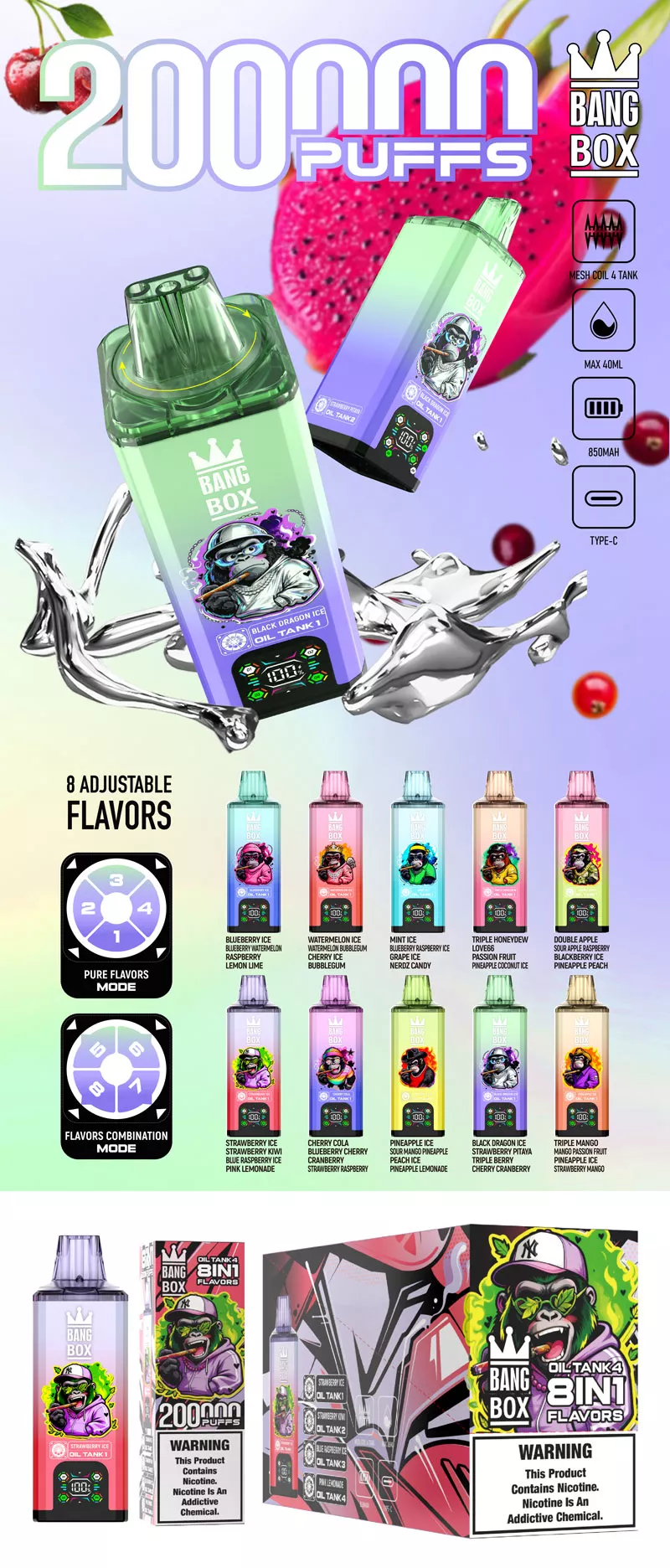 Bang box 200k puffs 8 in 1 vape 10 flavor list