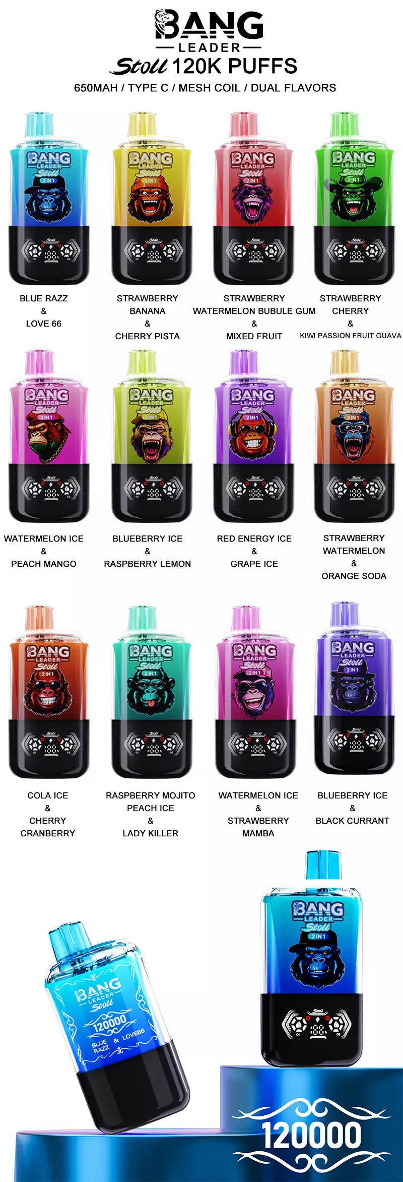 bang leader stoll 120k puffs dual flavors vape 12 flavor list