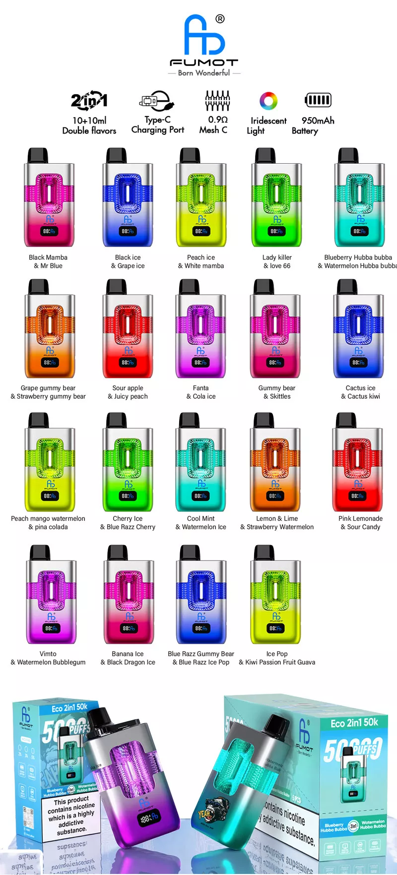 Fumot eco vape 2 in 1 50k puff dual flavors 19 flavors list