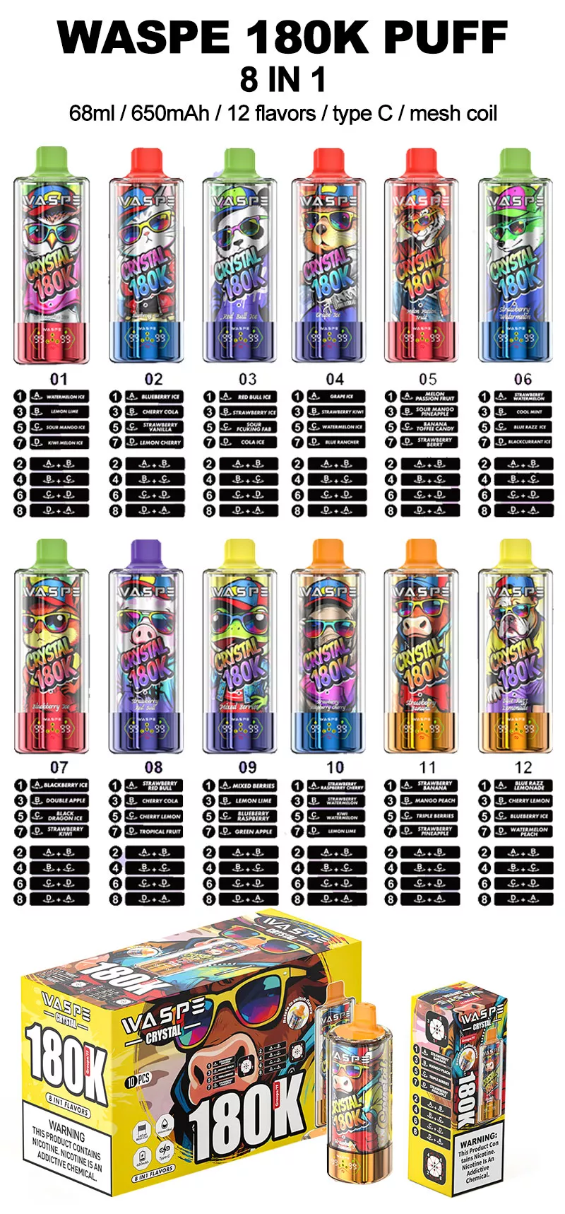Waspe crystal 180k puffs 8 in 1 vape 12 flavor list