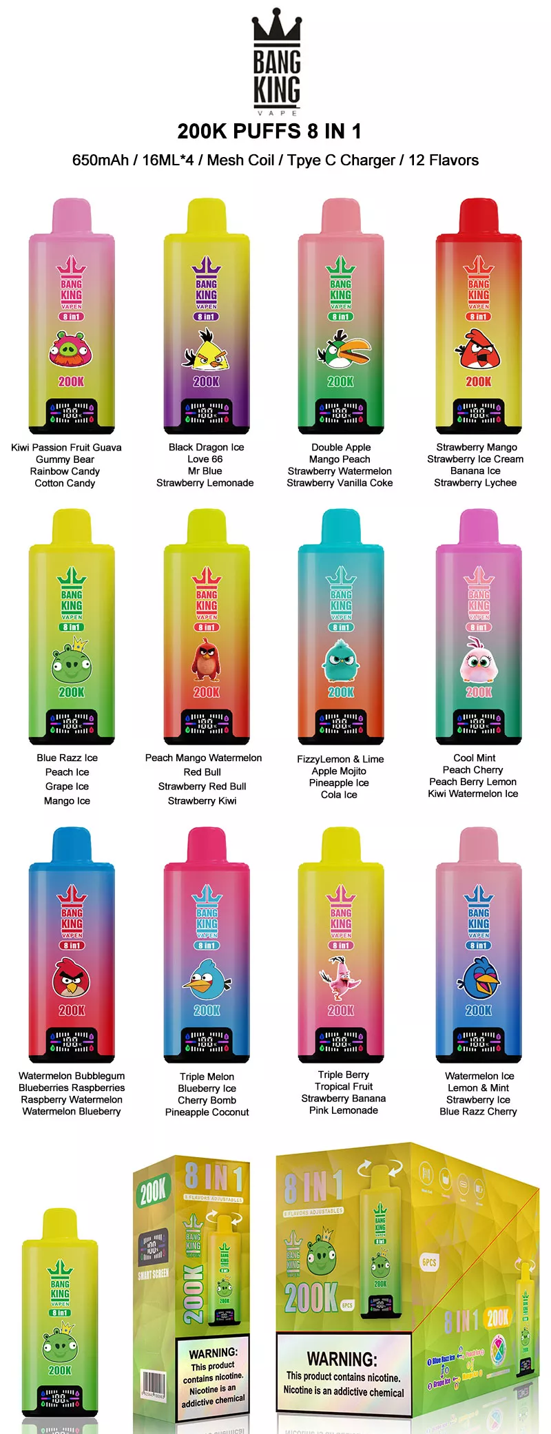 bang king vapen 200k puffs 8 in 1 vape 12 flavors list