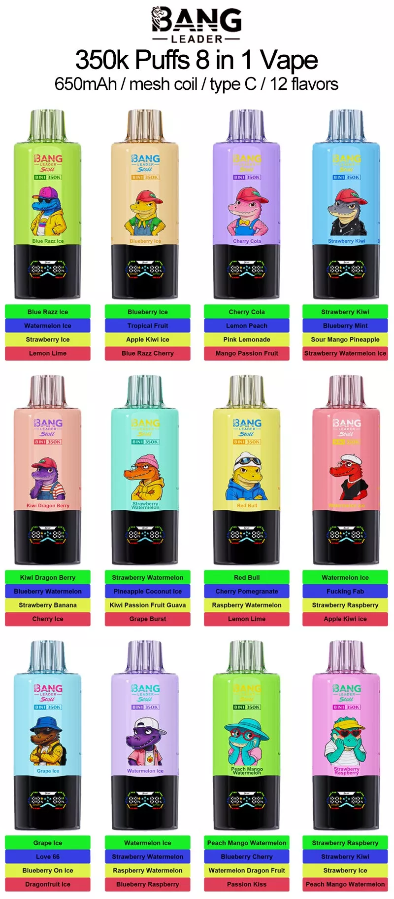 bang leader 350k puffs 8 in 1 vape 12 flavors list